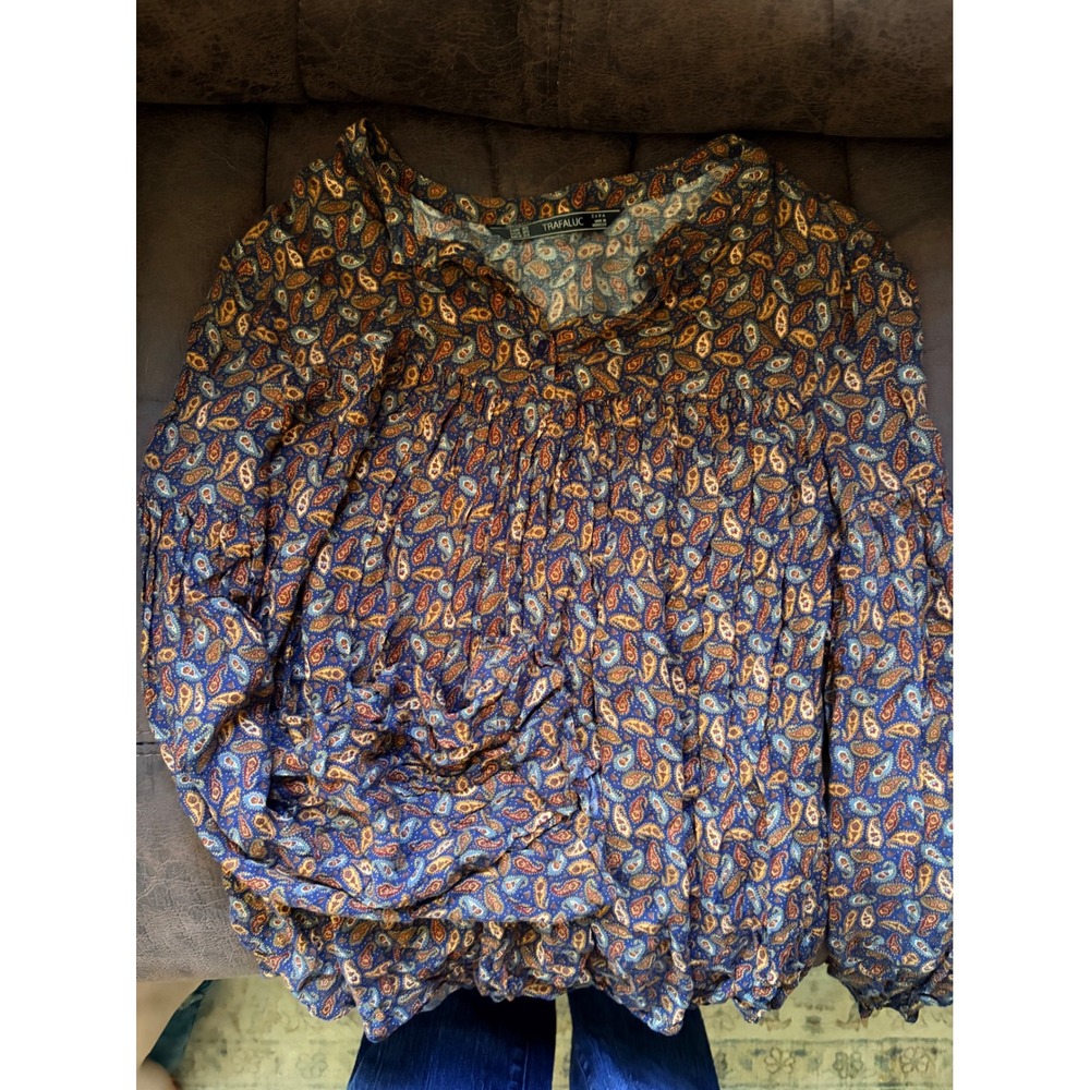 Zara Trafaluc Womens Paisley Print Blouse Navy Rust Boho Pleated Top XS